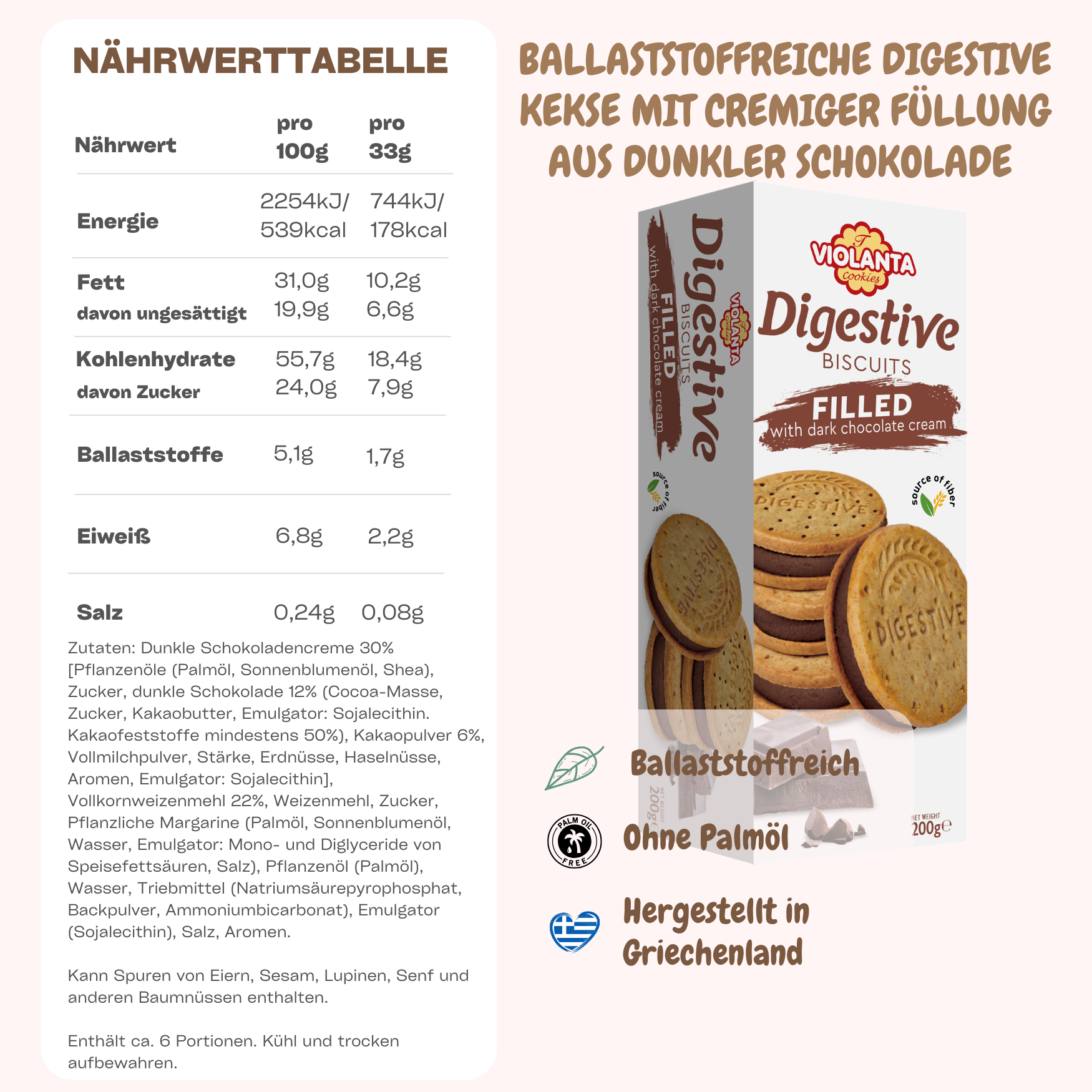 Digestive Kekse mit dunkler Schokoladencreme, ballaststoffreich – Violanta, 6 × 200 g (1,2 kg)