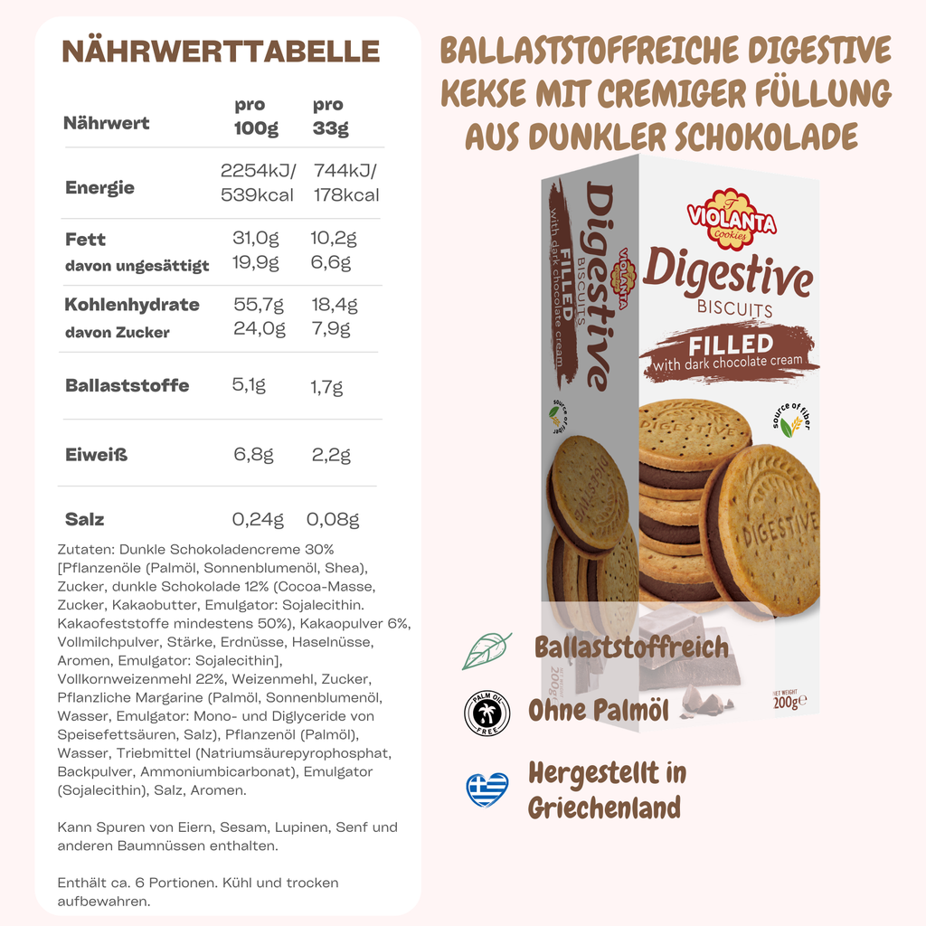 Digestive Biscuits with Dark Chocolate Cream, high in fiber – Violanta, 12 x 200 g (2.4 kg)