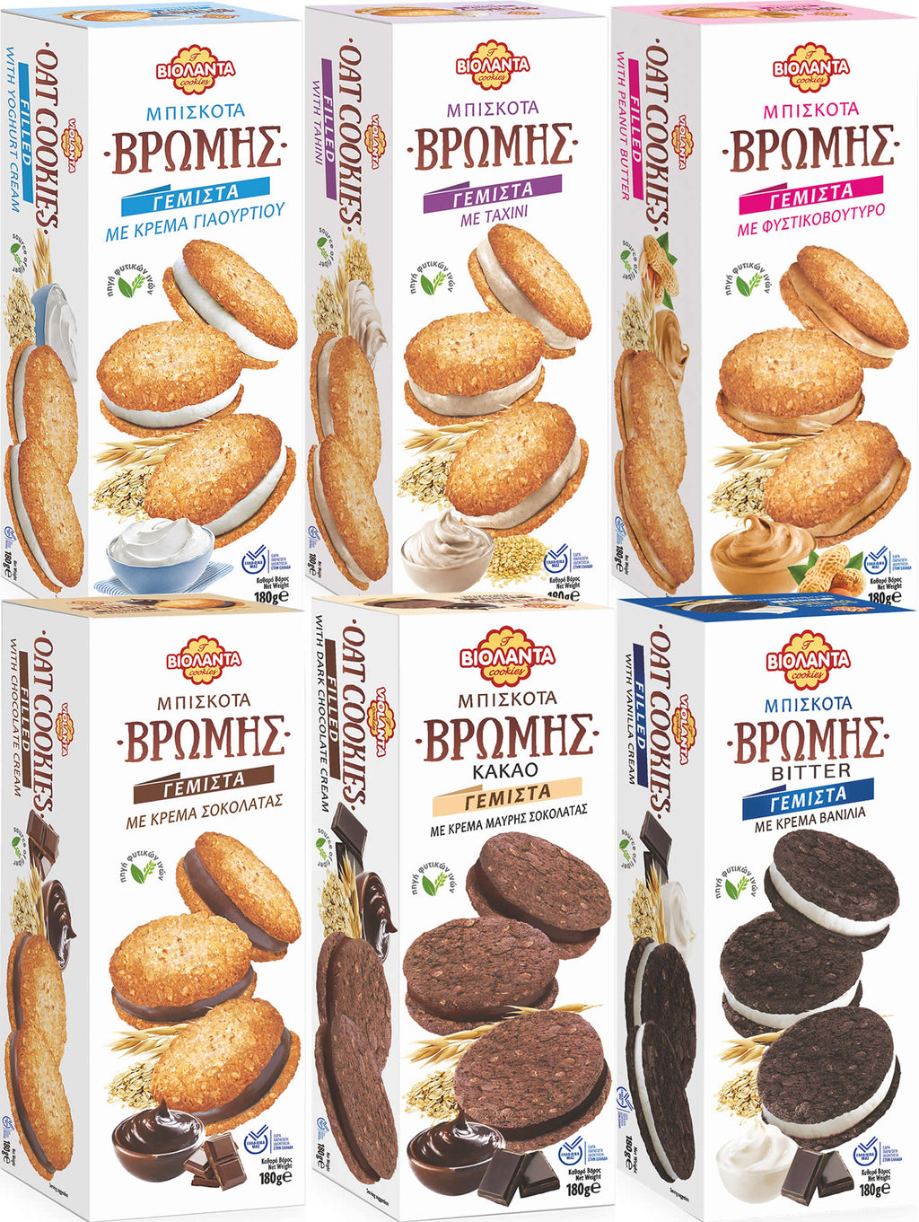 Gefüllte Hafer-Doppelkekse Probierset, 6 Sorten – Violanta, 6 × 180 g (1,08 kg)