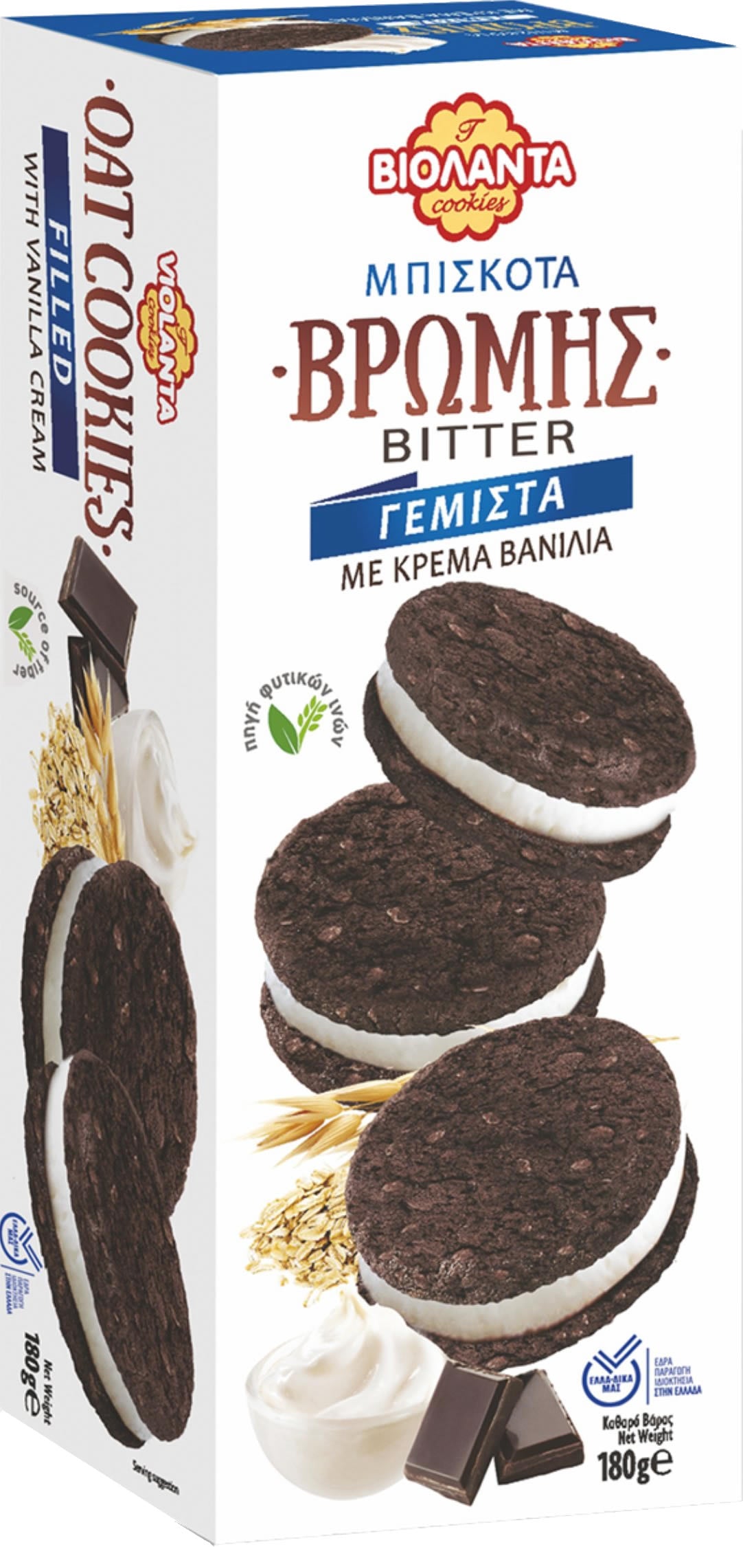Dark Cocoa Oat Sandwich Biscuits with Vanilla Cream Filling – Violanta, 10 × 180 g (1.8 kg)
