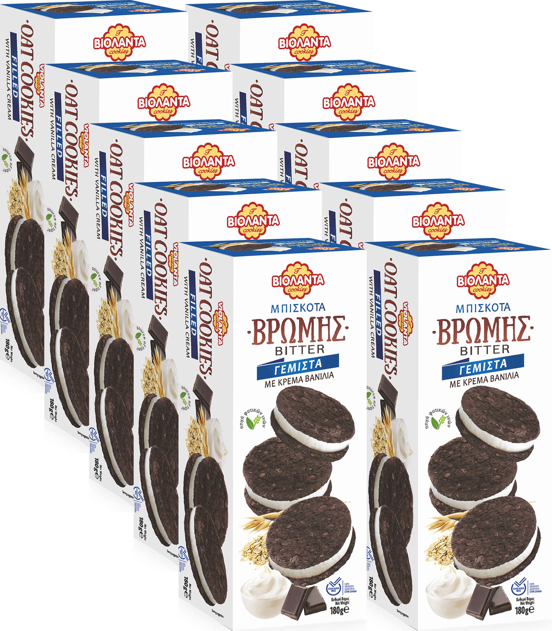 Dark Cocoa Oat Sandwich Biscuits with Vanilla Cream Filling – Violanta, 10 × 180 g (1.8 kg)
