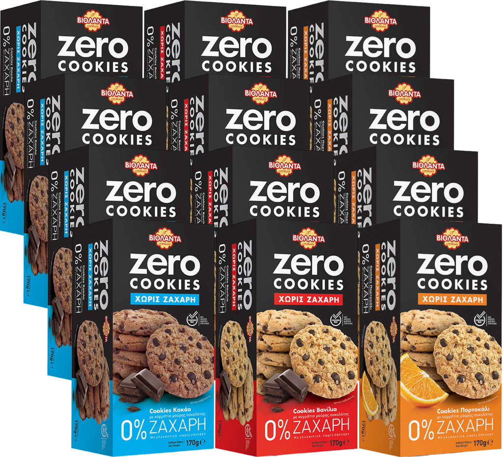 Doppelkekse Probierset, 3 Sorten mit Schokostückchen ohne Zuckerzusatz – Violanta, 12 × 170 g (2,04 kg)