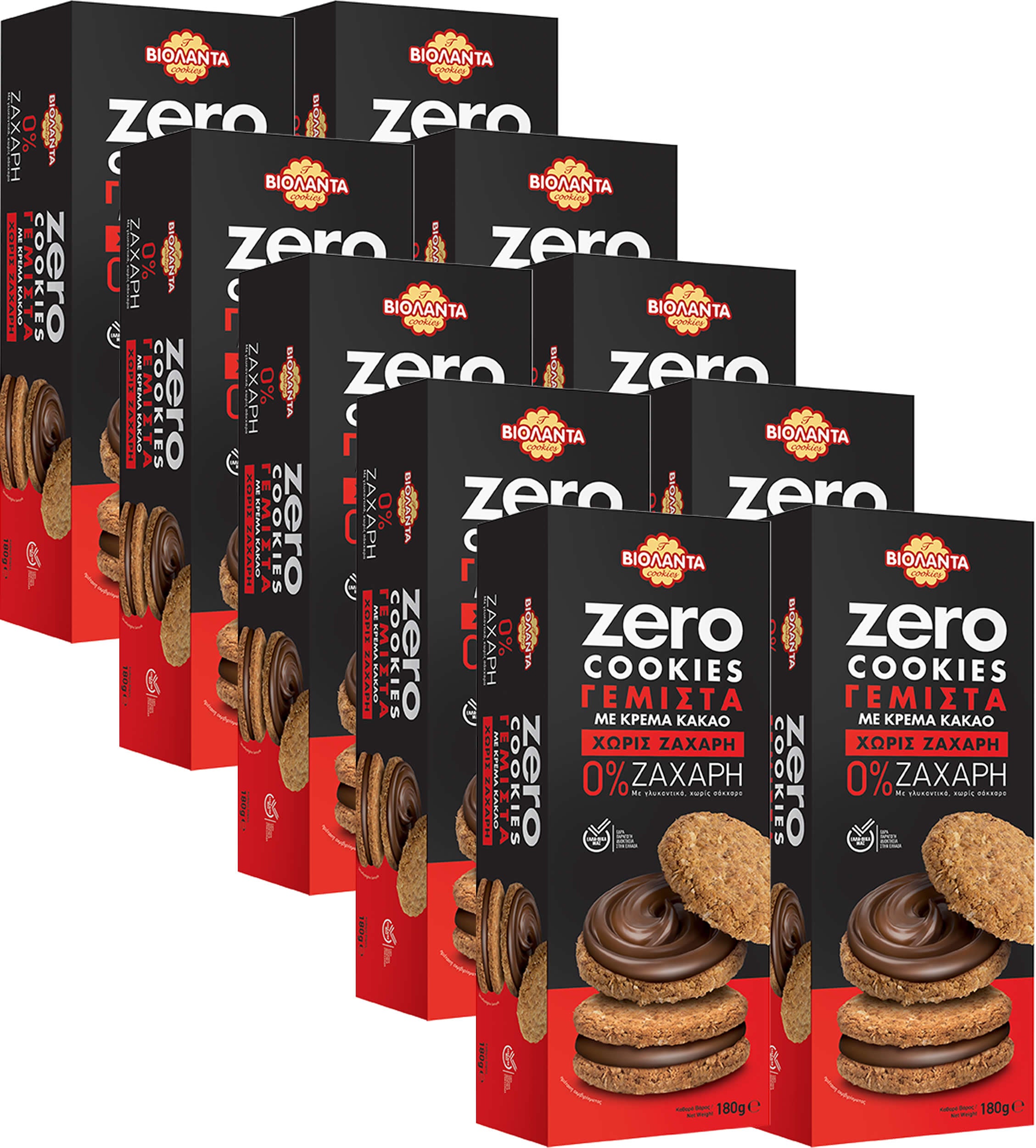Gefüllte Doppelkekse mit Kakao-Creme, ohne Zuckerzusatz – Violanta, 10 × 180 g (1,8 kg)