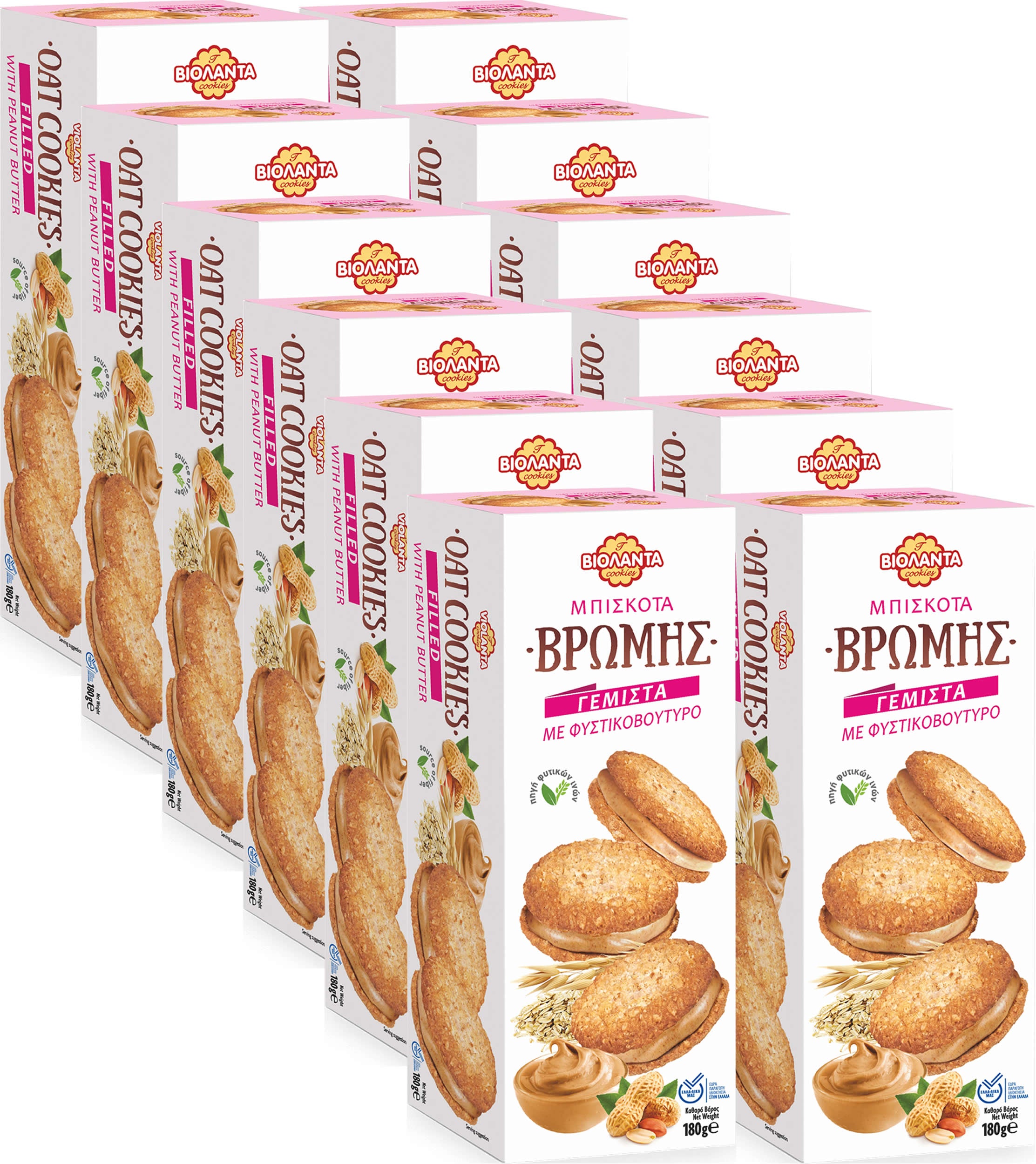 Gefüllte Hafer-Doppelkekse mit Erdnussbutter-Creme aus Griechenland – Violanta, 12 × 180 g (2,16 kg)