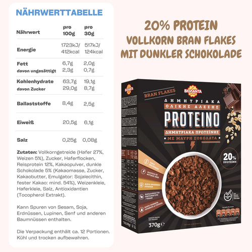 Bran Flakes mit dunkler Schokolade, 20 % Protein – Violanta, 10 × 370 g (3,7 kg)