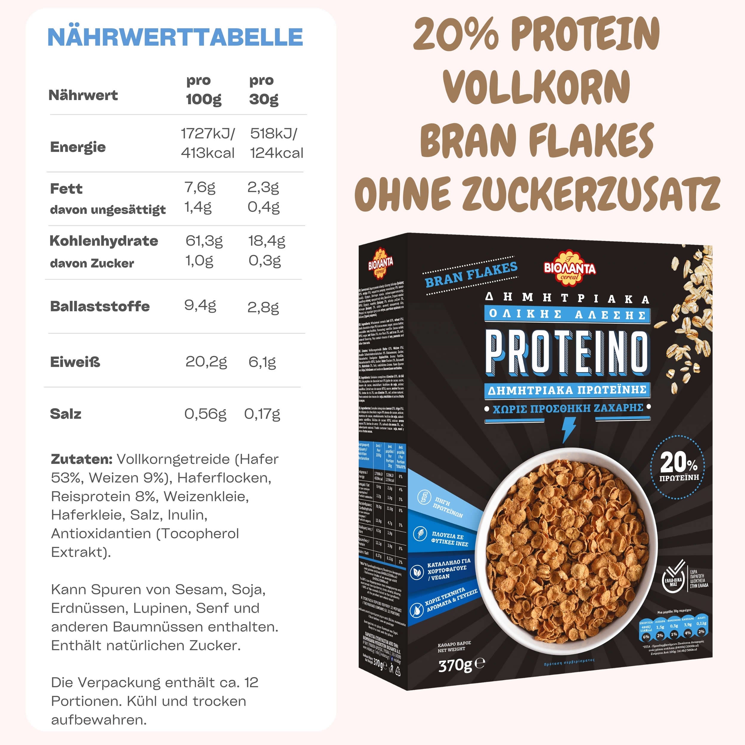Whole Wheat Bran Flakes with No Added Sugar, 20% Protein – Violanta, 10 × 370 g (3.7 kg)