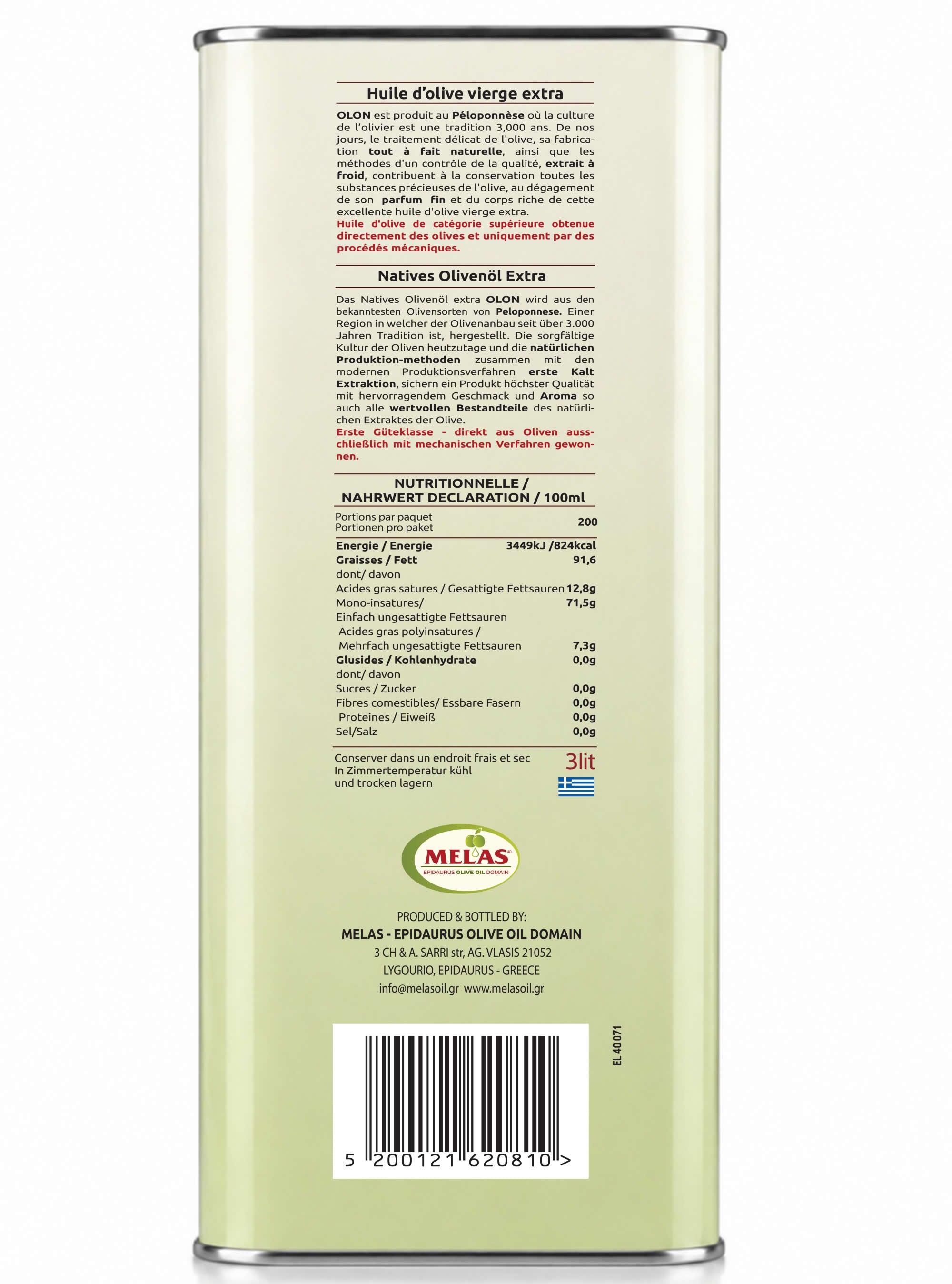 Extra Natives Olivenöl aus Griechenland, kaltgepresst – OLON, 3 l