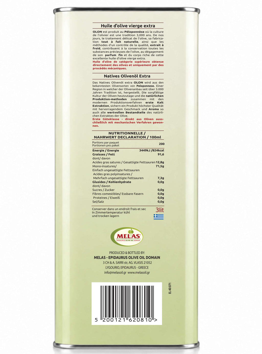 Extra Natives Olivenöl aus Griechenland, kaltgepresst – OLON, 4 × 3 l (12 l)