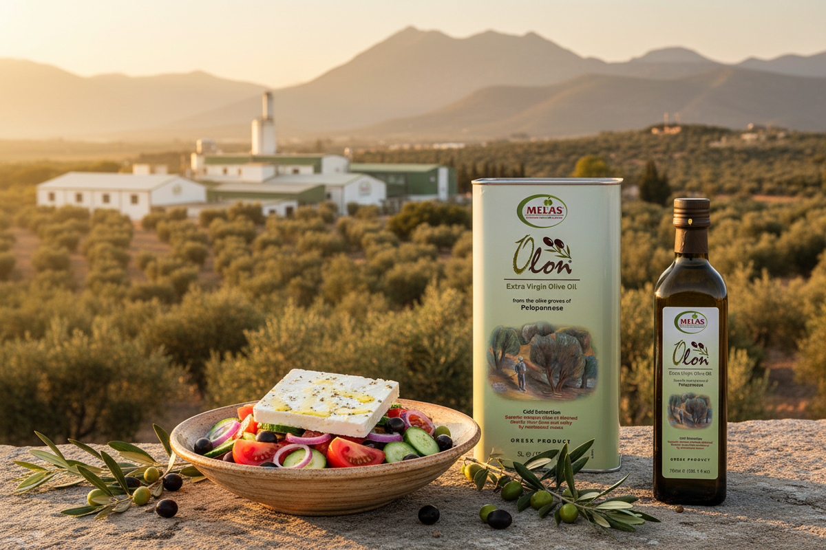 Olivenöl mit griechischem Salat vor Melas Fabrik in Peloponnes