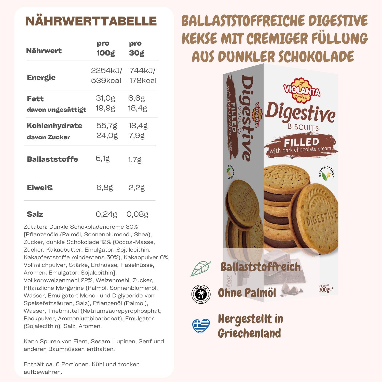 Ballaststoffreiche Digestive Kekse mit cremiger Füllung aus dunkler Schokolade 1200g aus Griechenland